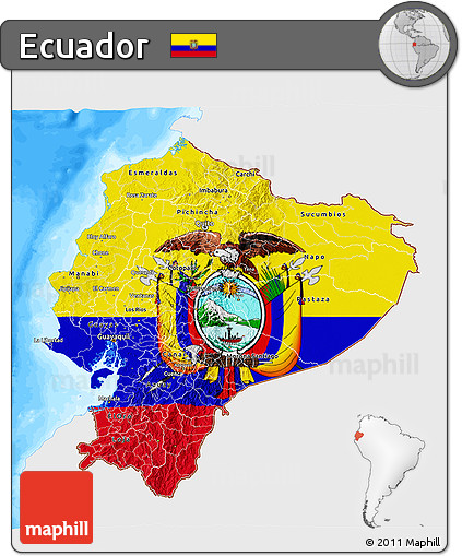 Flag 3D Map of Ecuador, single color outside, bathymetry sea, flag centered