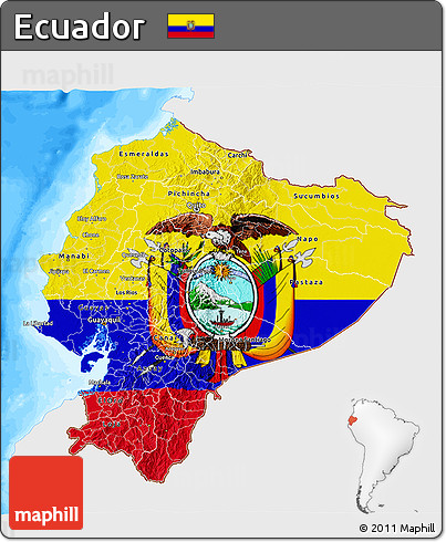 Flag 3D Map of Ecuador, single color outside, bathymetry sea, flag centered