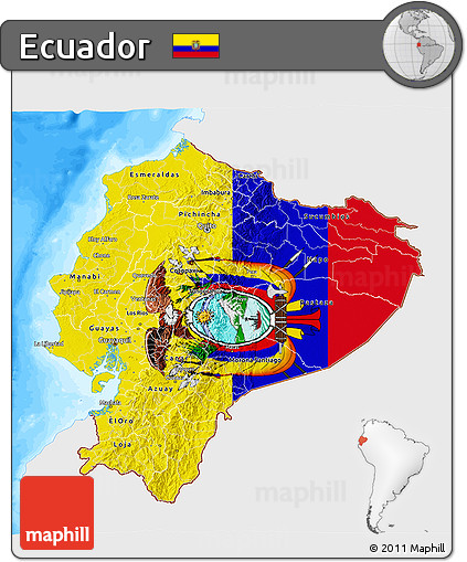 Flag 3D Map of Ecuador, single color outside, bathymetry sea, flag aligned to the middle