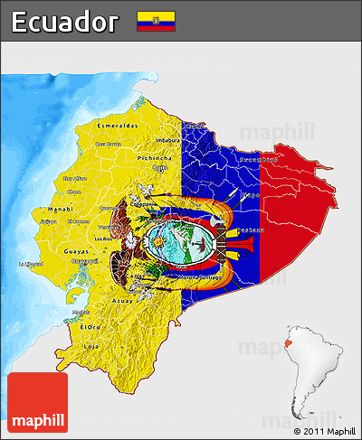 Flag 3D Map of Ecuador, single color outside, bathymetry sea, flag aligned to the middle