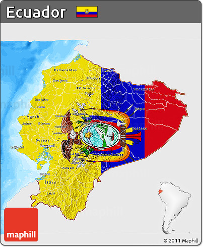 Flag 3D Map of Ecuador, single color outside, bathymetry sea, flag aligned to the middle