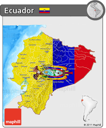Flag 3D Map of Ecuador, single color outside, bathymetry sea, flag rotated