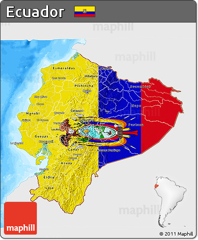 Flag 3D Map of Ecuador, single color outside, bathymetry sea, flag rotated