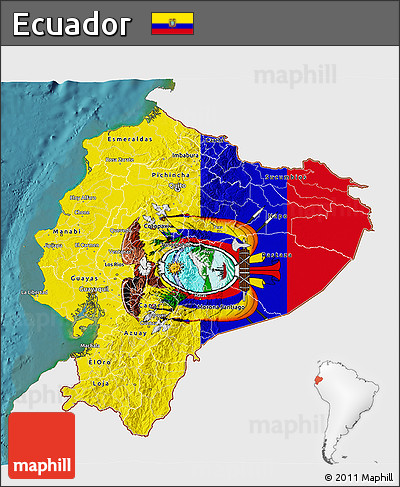 Flag 3D Map of Ecuador, single color outside, satellite sea, flag aligned to the middle