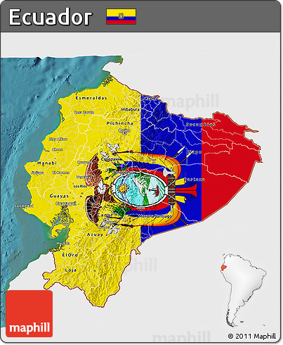 Flag 3D Map of Ecuador, single color outside, satellite sea, flag aligned to the middle