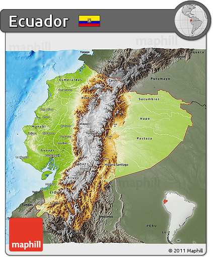 Physical 3D Map of Ecuador, darken, semi-desaturated, land only