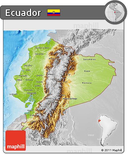 Physical 3D Map of Ecuador, lighten, desaturated, land only