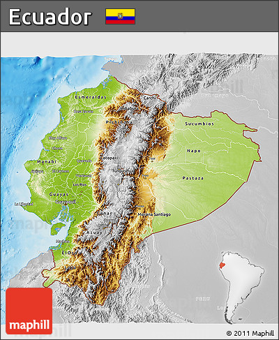 Physical 3D Map of Ecuador, lighten, desaturated, land only