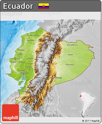 Physical 3D Map of Ecuador, lighten, desaturated, land only