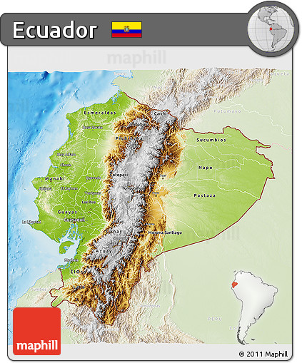 Physical 3D Map of Ecuador, lighten, land only