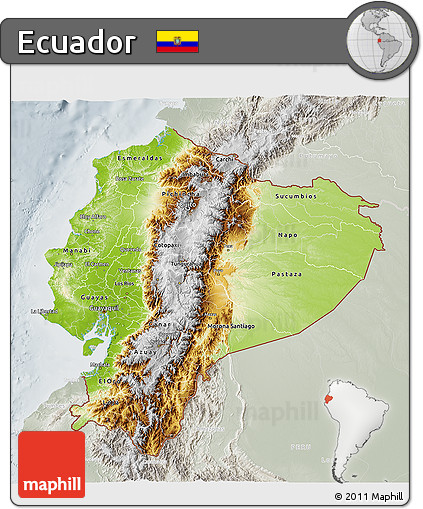 Physical 3D Map of Ecuador, lighten, semi-desaturated