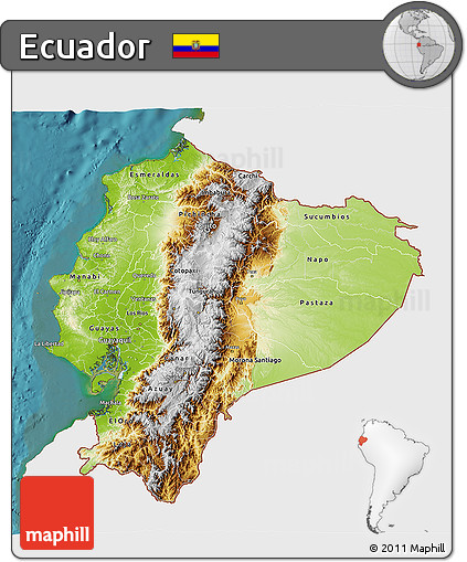 Physical 3D Map of Ecuador, single color outside, satellite sea