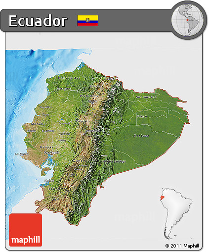 Satellite 3D Map of Ecuador, single color outside, bathymetry sea, shaded relief sea