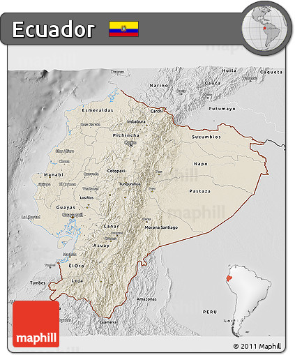 Shaded Relief 3D Map of Ecuador, desaturated