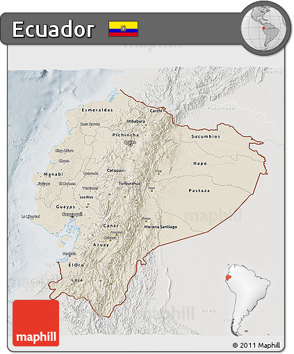 Shaded Relief 3D Map of Ecuador, lighten, semi-desaturated