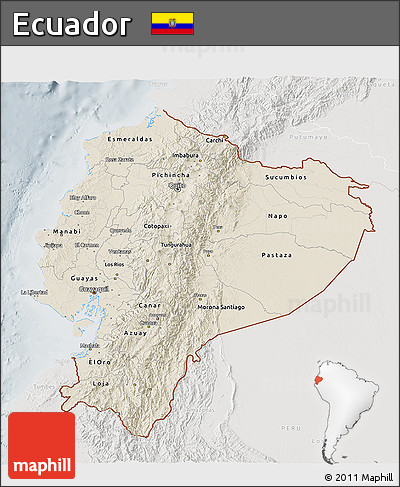 Shaded Relief 3D Map of Ecuador, lighten, semi-desaturated
