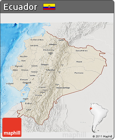Shaded Relief 3D Map of Ecuador, lighten, semi-desaturated, land only