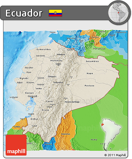 Shaded Relief 3D Map of Ecuador, political outside, shaded relief sea