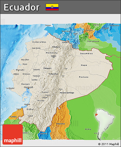 Shaded Relief 3D Map of Ecuador, political outside, shaded relief sea