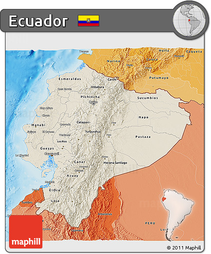 Shaded Relief 3D Map of Ecuador, political shades outside, shaded relief sea