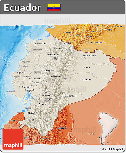 Shaded Relief 3D Map of Ecuador, political shades outside, shaded relief sea