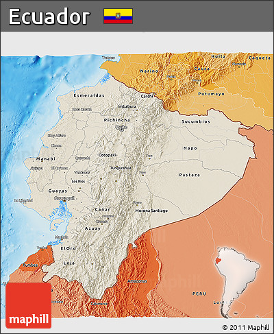 Shaded Relief 3D Map of Ecuador, political shades outside, shaded relief sea