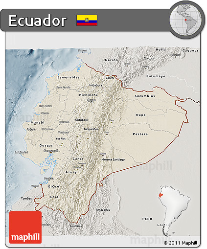 Shaded Relief 3D Map of Ecuador, semi-desaturated