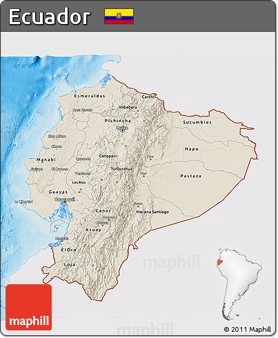 Shaded Relief 3D Map of Ecuador, single color outside