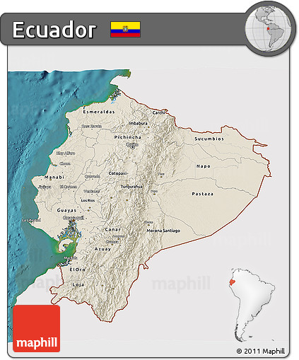 Shaded Relief 3D Map of Ecuador, single color outside, satellite sea