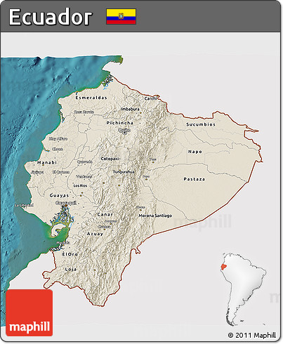 Shaded Relief 3D Map of Ecuador, single color outside, satellite sea