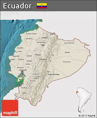 Shaded Relief 3D Map of Ecuador, single color outside, satellite sea