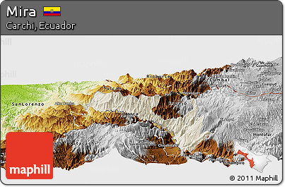 Shaded Relief Panoramic Map of Mira, physical outside
