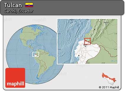 Savanna Style Location Map of Tulcan, highlighted country, hill shading