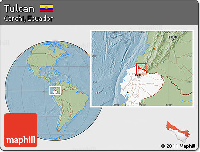 Savanna Style Location Map of Tulcan, highlighted country, hill shading