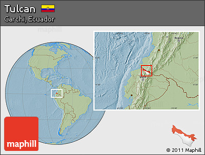Savanna Style Location Map of Tulcan, highlighted parent region, hill shading