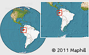 Satellite Location Map of Ecuador, highlighted continent, within the entire continent