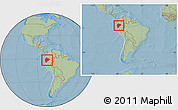 Savanna Style Location Map of Ecuador, within the entire continent, hill shading