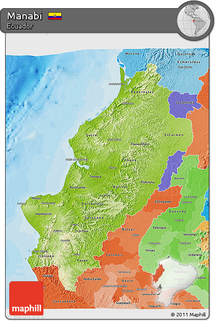 Physical 3D Map of Manabi, political shades outside
