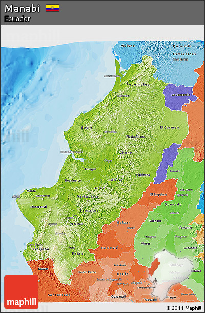 Physical 3D Map of Manabi, political shades outside