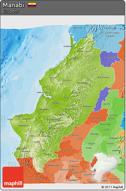 Physical 3D Map of Manabi, political shades outside