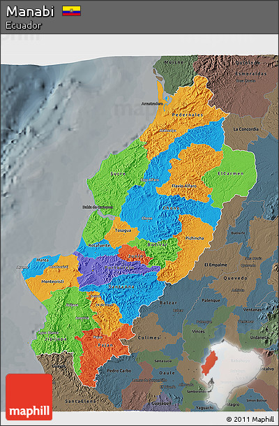 Political 3D Map of Manabi, darken, semi-desaturated
