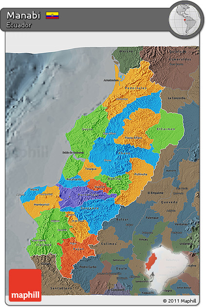 Political 3D Map of Manabi, darken, semi-desaturated
