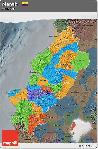 Political 3D Map of Manabi, darken, semi-desaturated