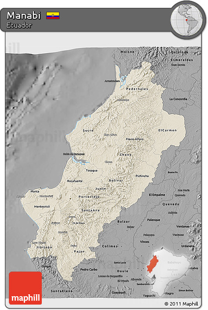 Shaded Relief 3D Map of Manabi, darken, desaturated
