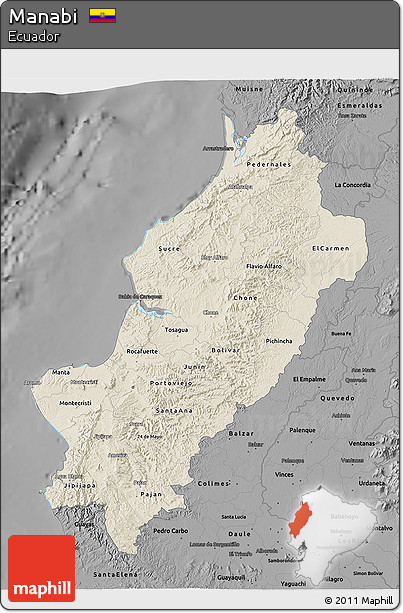 Shaded Relief 3D Map of Manabi, darken, desaturated