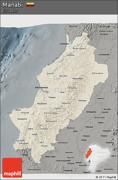 Shaded Relief 3D Map of Manabi, darken, semi-desaturated