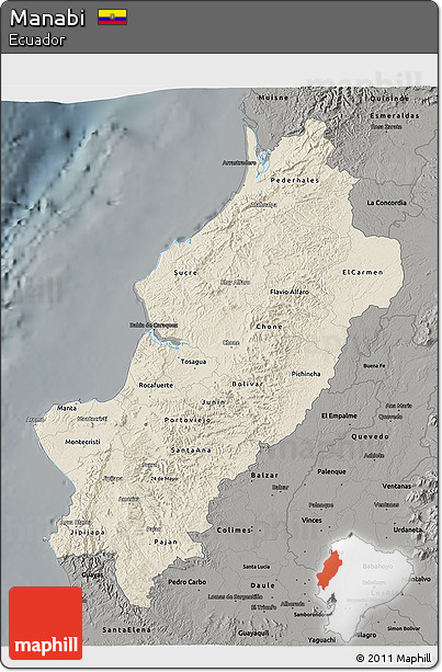 Shaded Relief 3D Map of Manabi, darken, semi-desaturated
