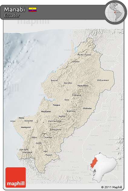 Shaded Relief 3D Map of Manabi, lighten, semi-desaturated