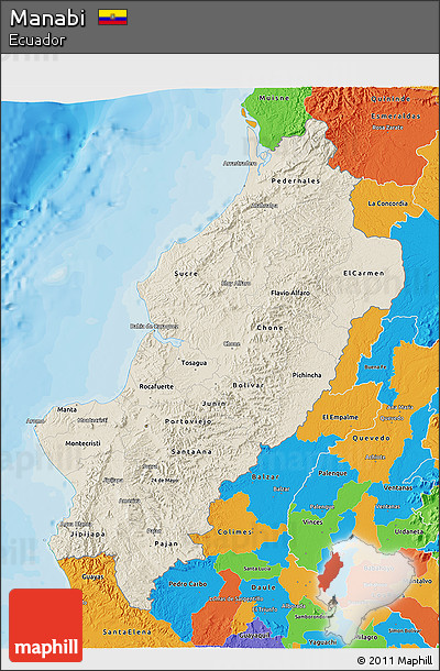 Shaded Relief 3D Map of Manabi, political outside