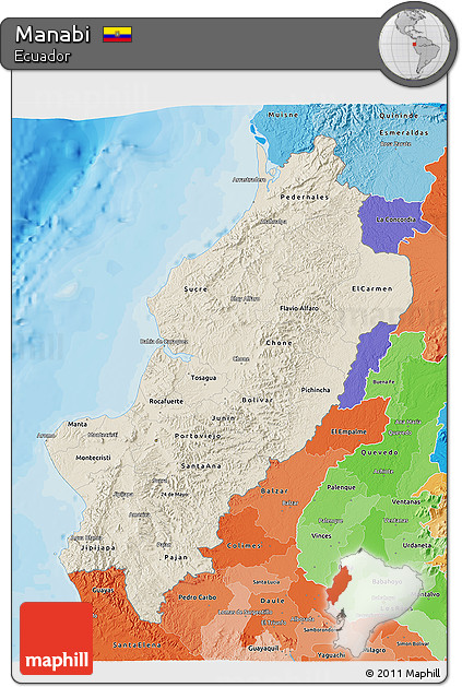Shaded Relief 3D Map of Manabi, political shades outside